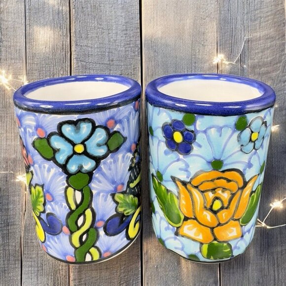 Hand Made Talavera Pottery Cups Tumblers Set 2 Signed Zepeda Puebla Mexico Cups - Picture 1 of 12